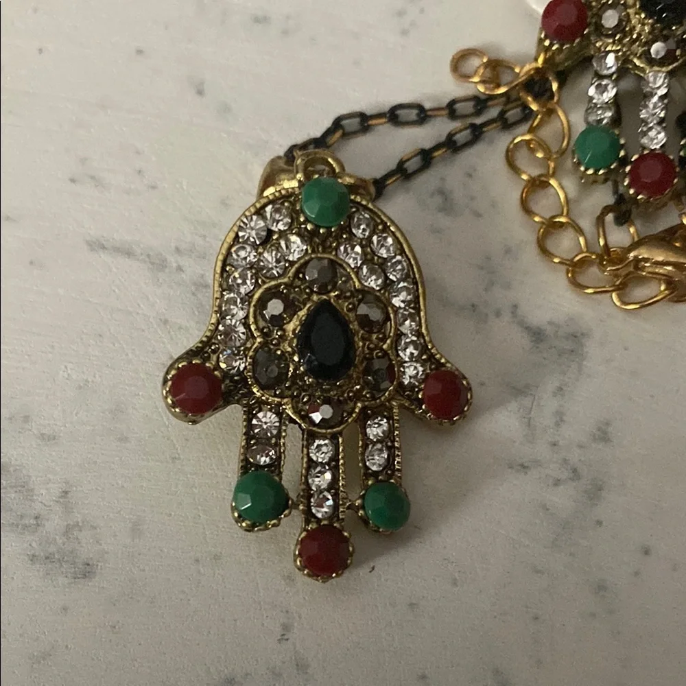 Gold and Red Hamsa Earrings with Necklace